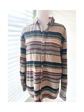 Simons Beige Button-Down Shirt with Green and Burgundy Stripes